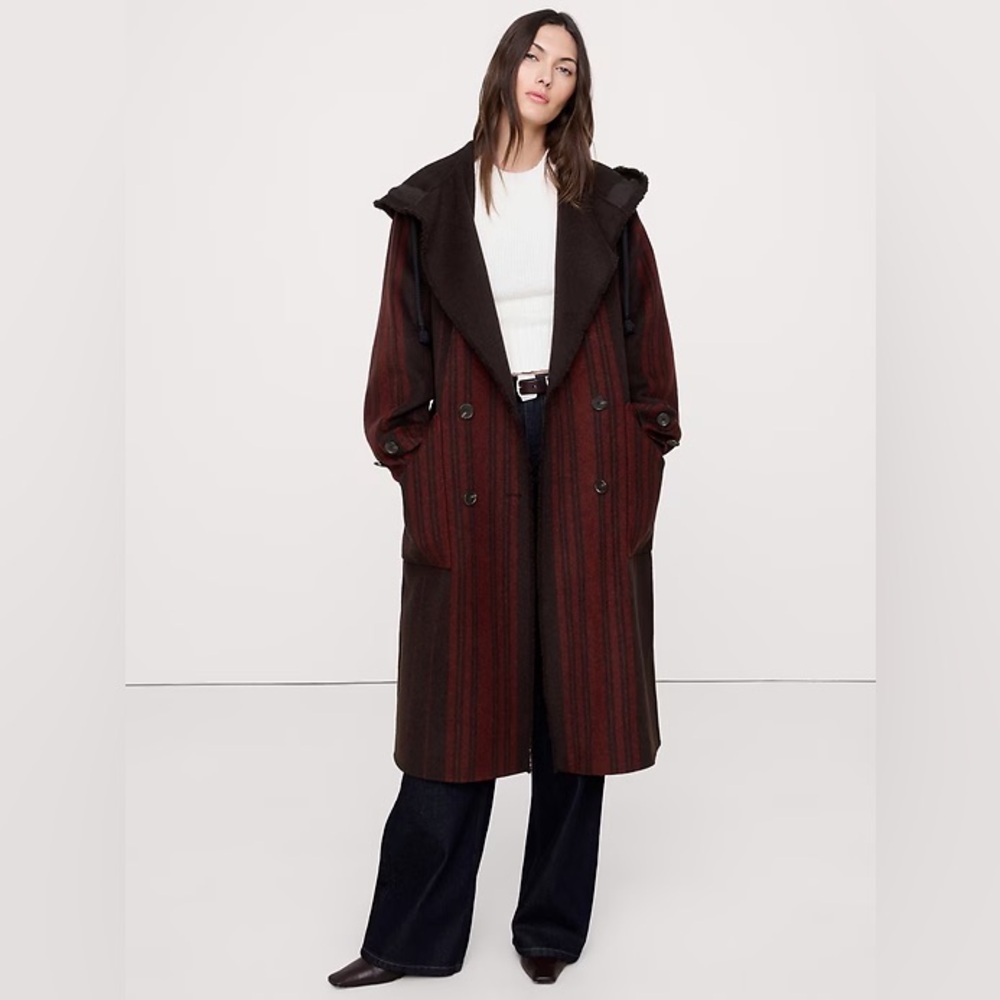 NWT Banana Republic Burgundy Striped Double-Faced Wool-Blend Parka Coat